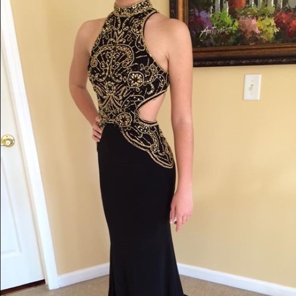 sherri hill black and gold dress